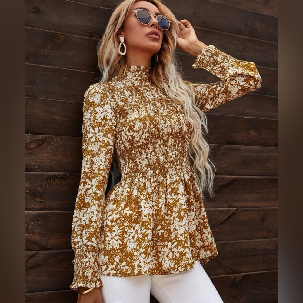 Floral print shirred smock blouse